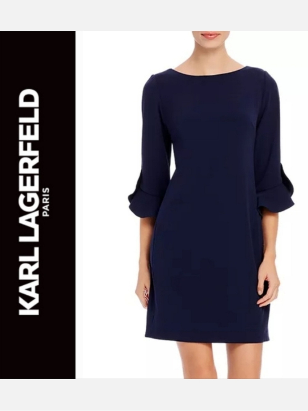KARL LAGERFELD Scuba Crêpe Sheath Dress Navy Blue Ruffle Sleeve Sz S